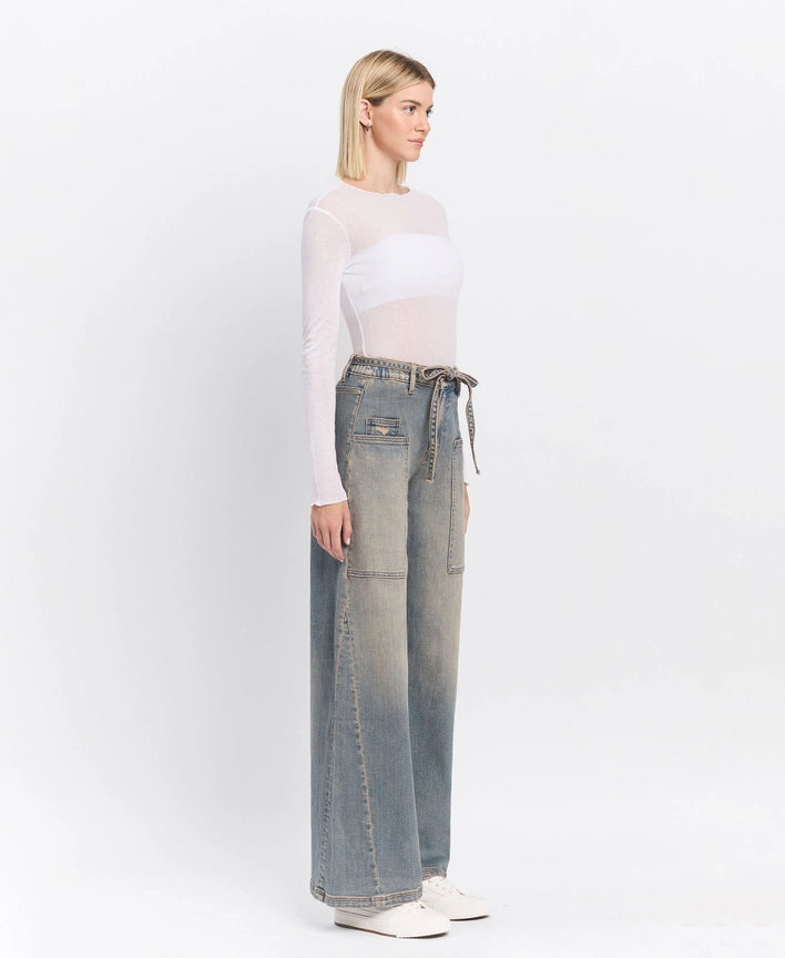High Rise Elastic Tie Waistband Baggy Wide Jeans