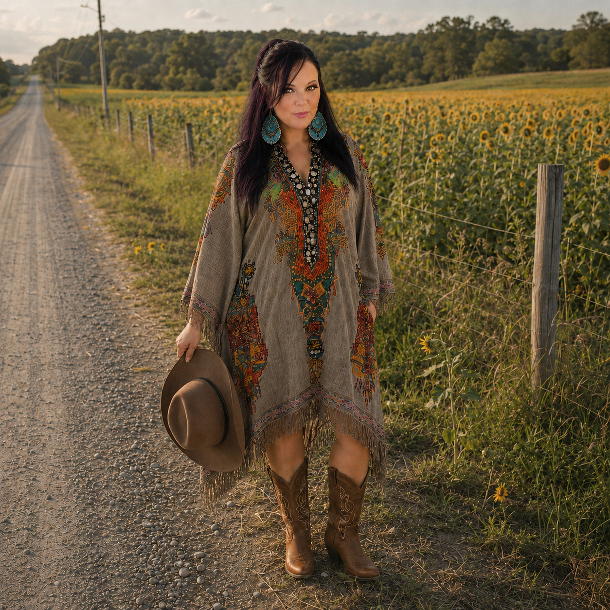 Fringe Hem Notched Long Sleeve Dress