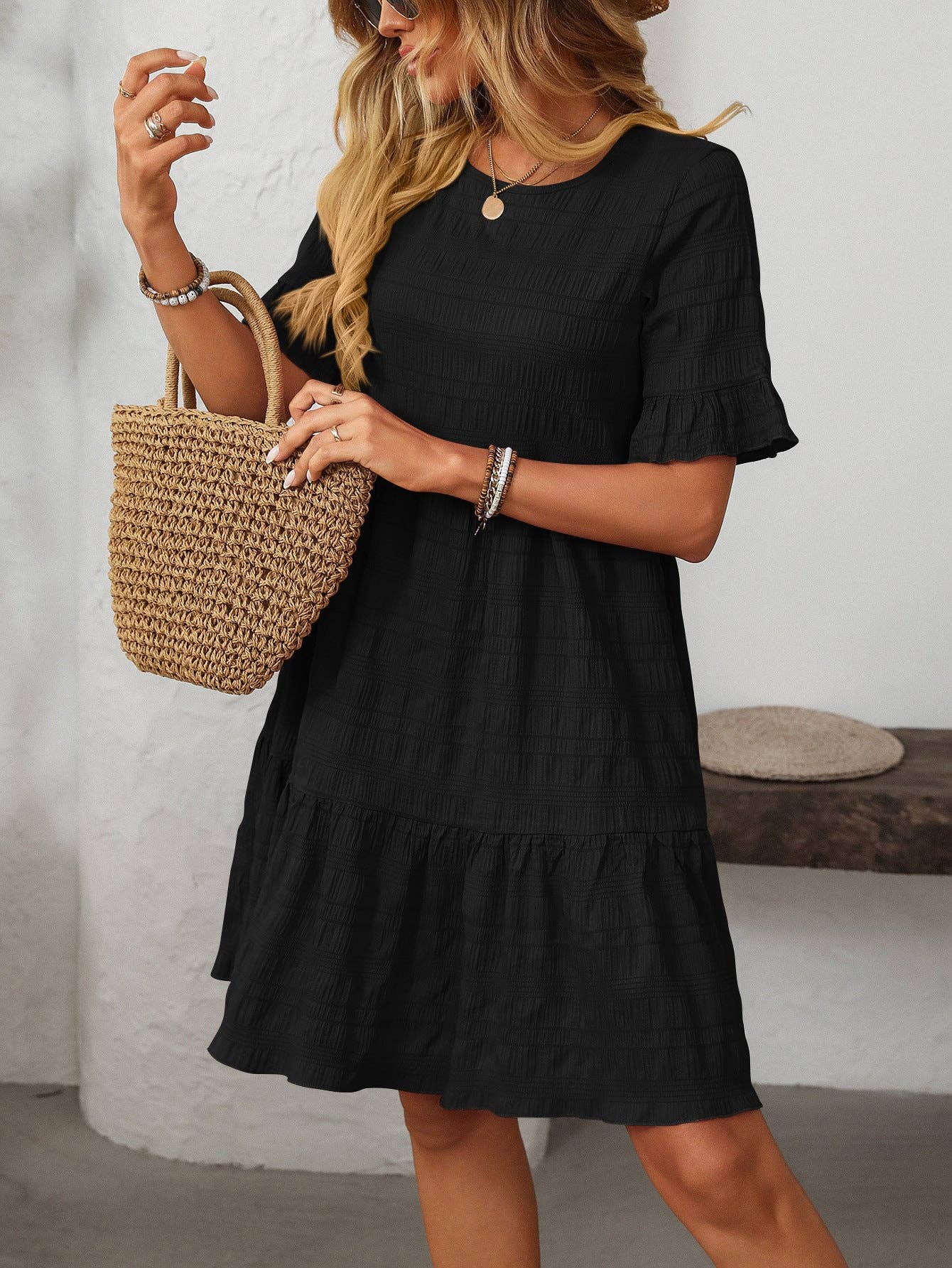 Textured Smocked Short Sleeve Tiered Midi Dress