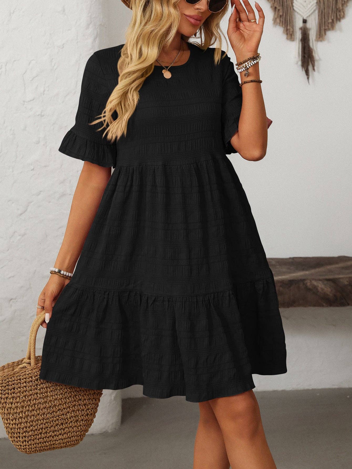 Textured Smocked Short Sleeve Tiered Midi Dress