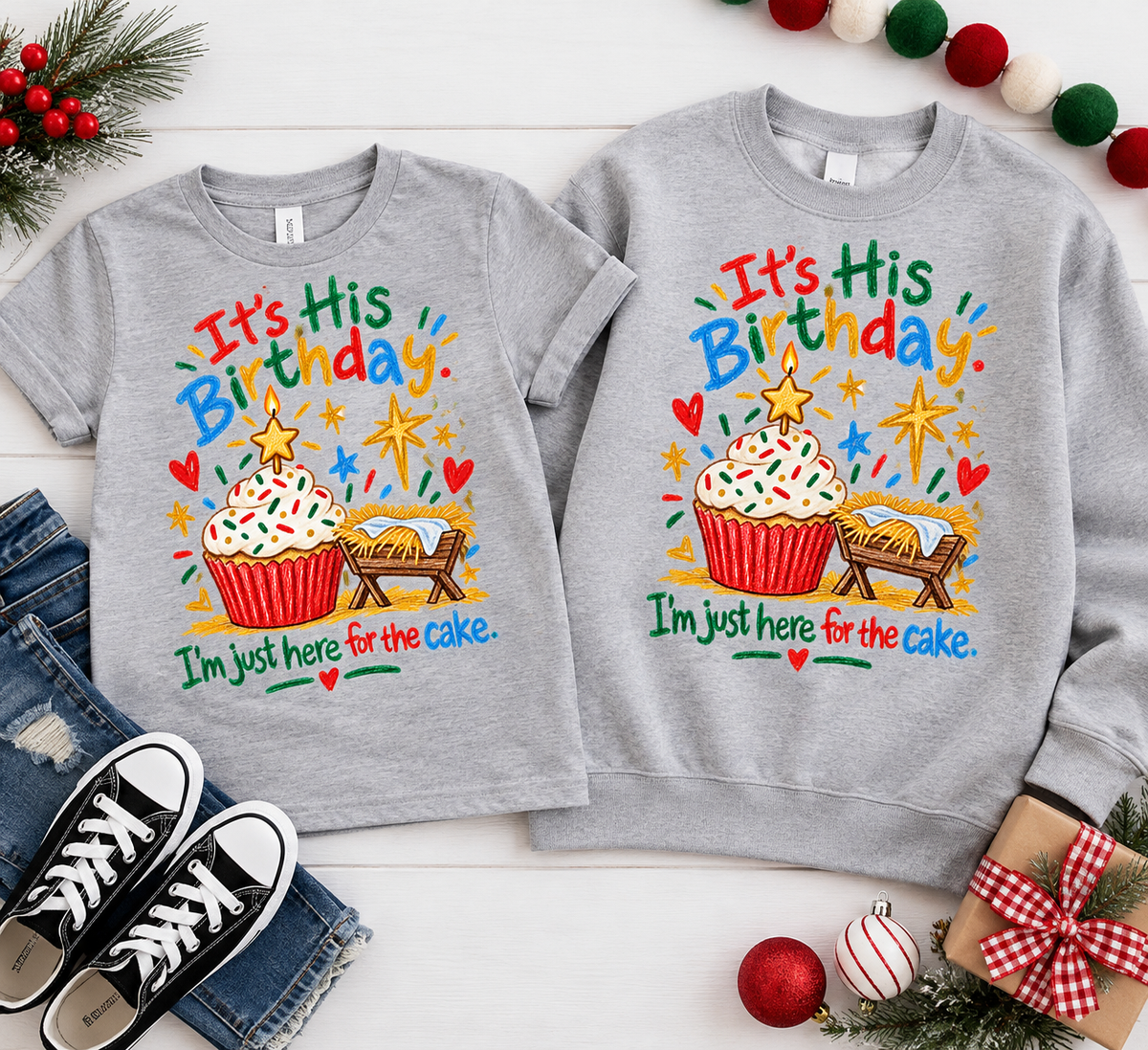 It's His Birthday toddler tee and sweatshirt in Heather Christmas flatlay
