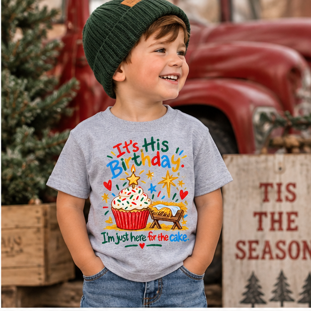 Toddler boy wearing It's His Birthday I'm just here for the cake tee