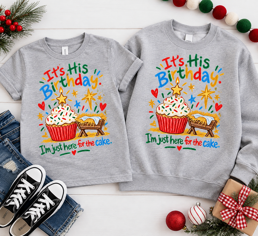 It's His Birthday toddler tee and sweatshirt in Heather Christmas flatlay