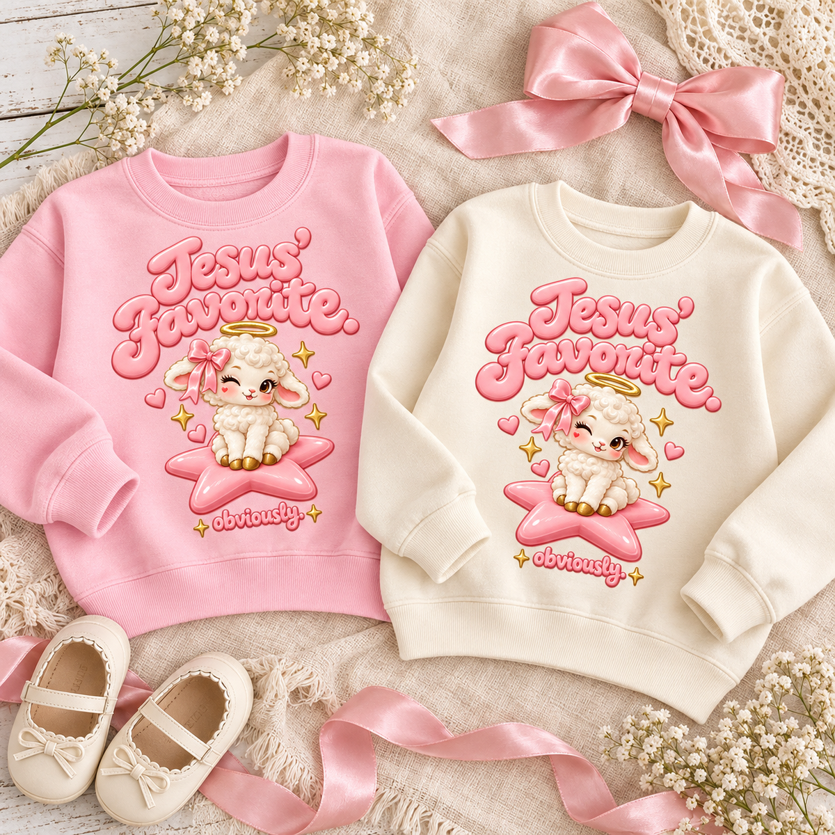 Jesus' Favorite Obviously toddler sweatshirts in Pink and Natural flatlay