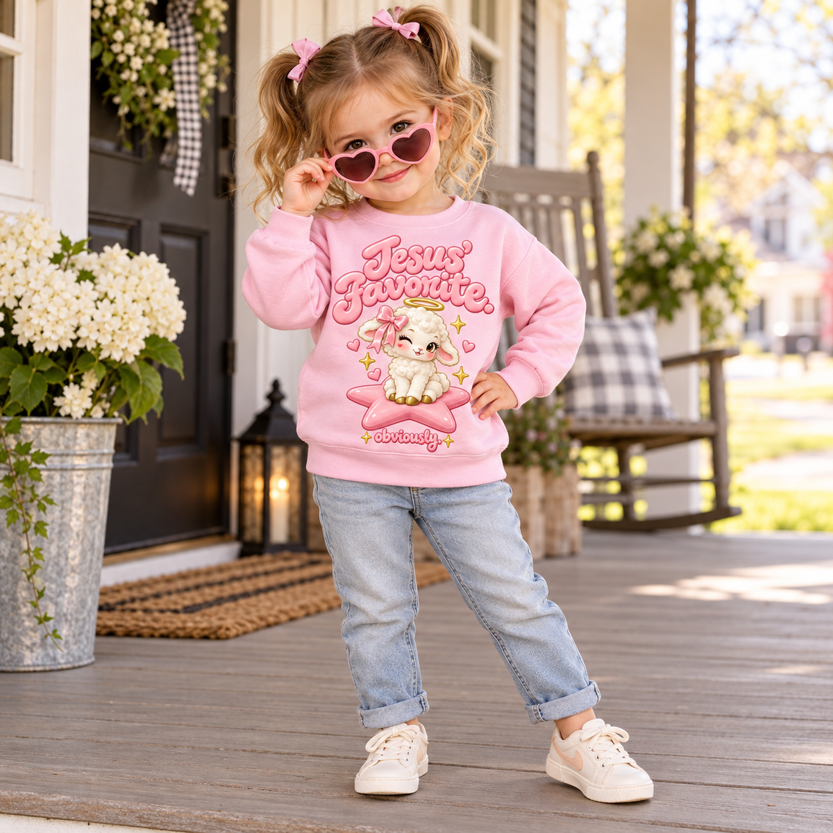 Toddler wearing Pink Jesus' Favorite Obviously lamb sweatshirt
