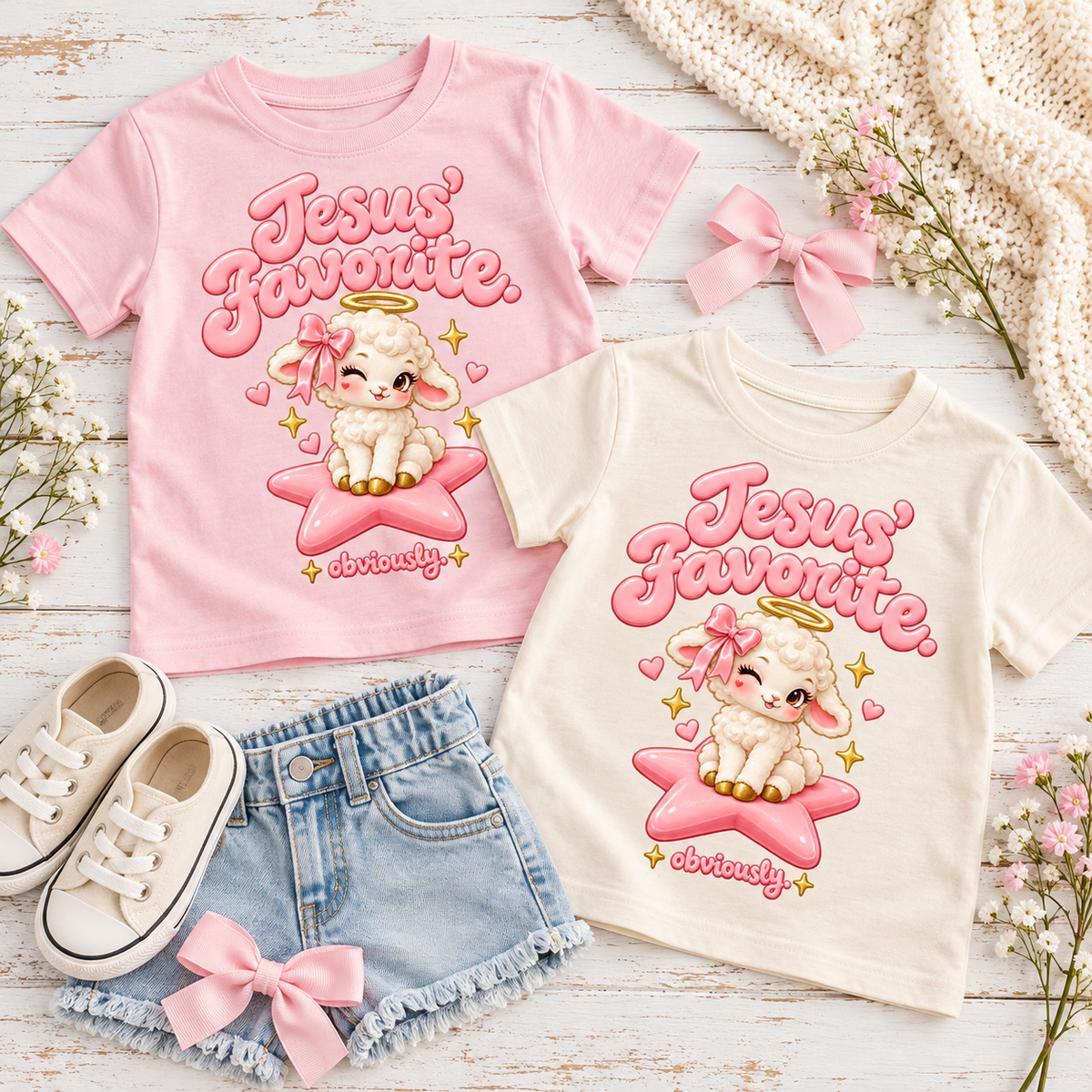 Jesus' Favorite Obviously toddler tees in Ballerina and Natural flatlay