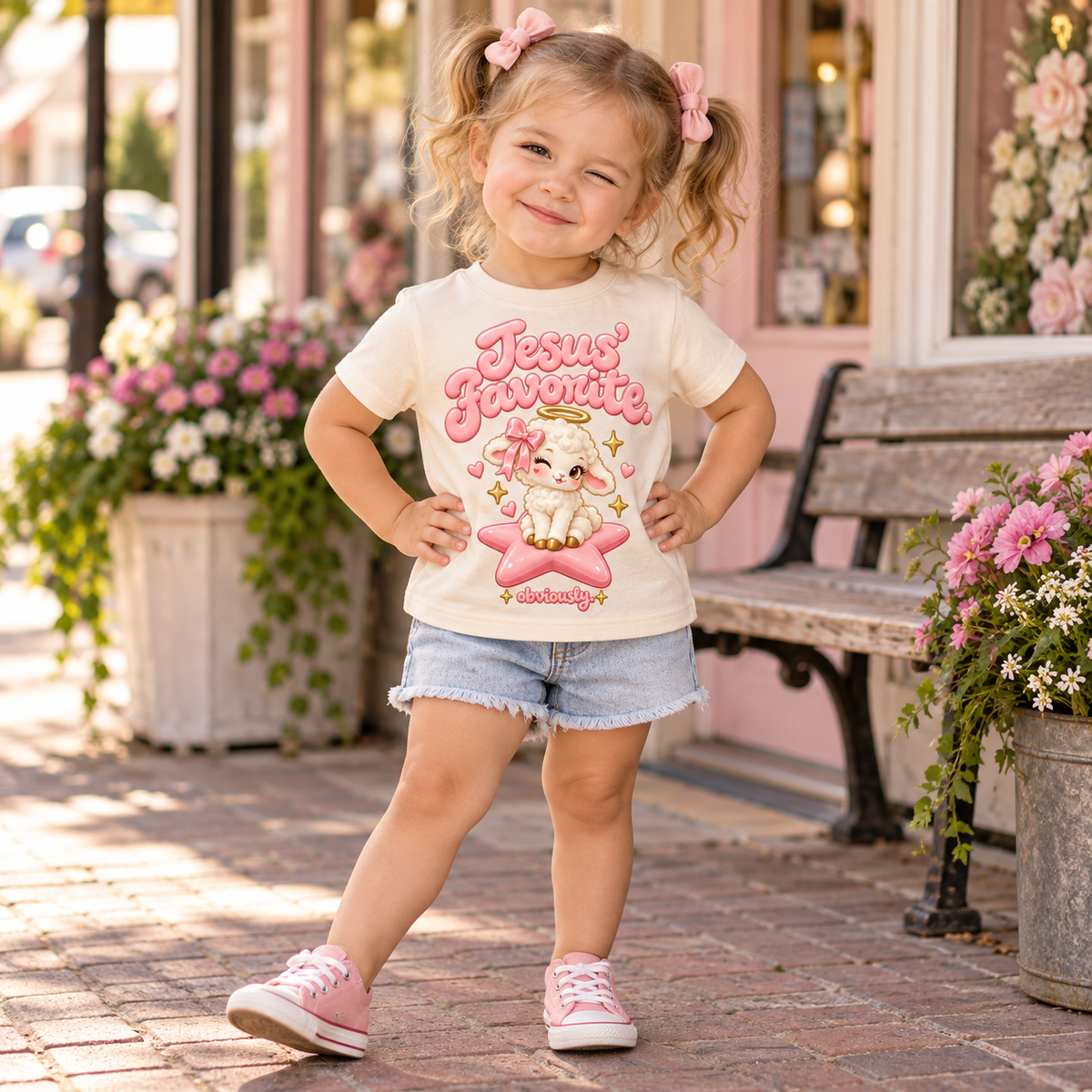 Toddler wearing Natural Jesus' Favorite Obviously lamb tee