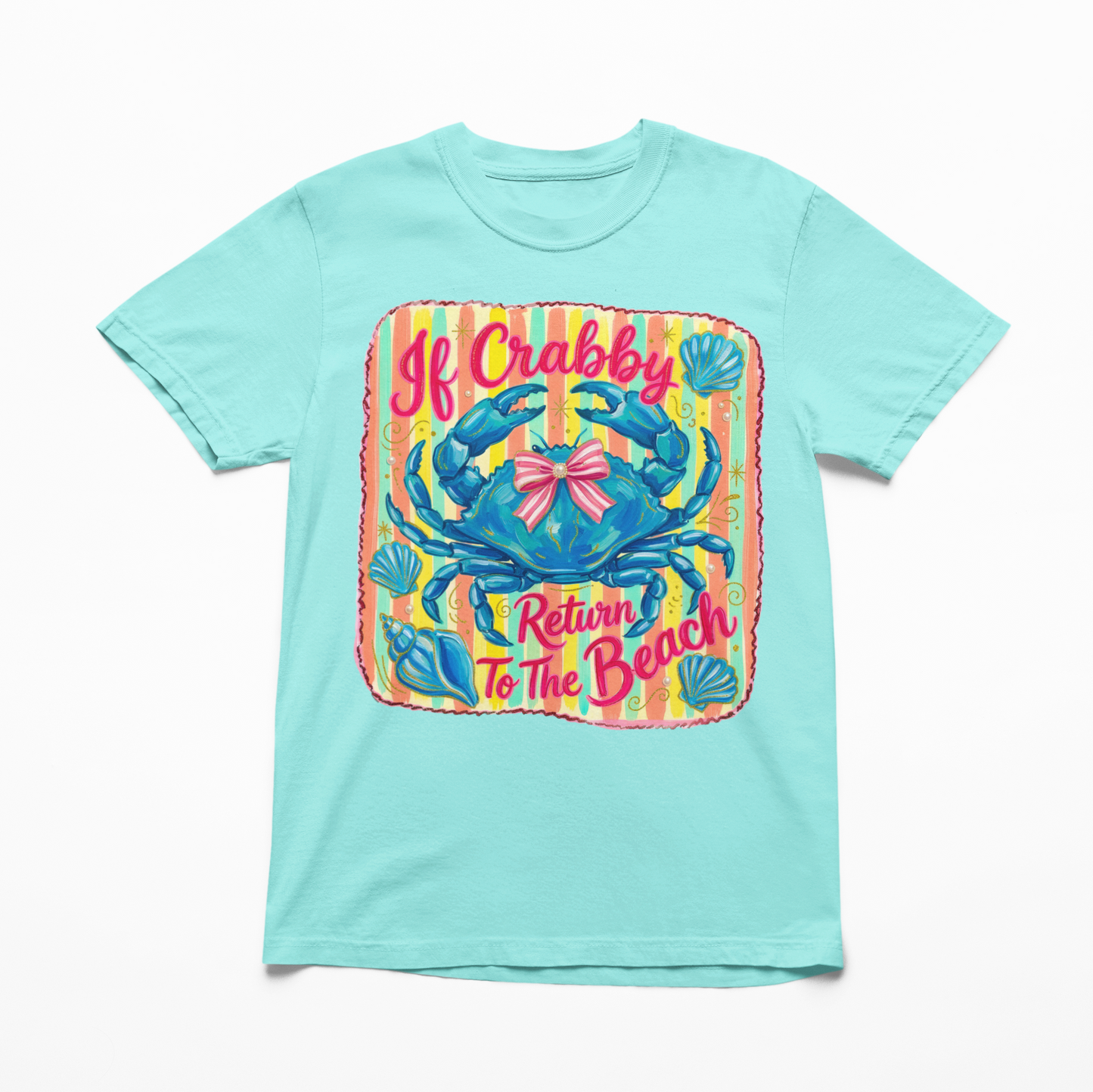 Light blue t-shirt with a colorful crab graphic and text on a white background