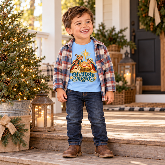 Toddler wearing Oh, Holy Night tee with an open plaid flannel