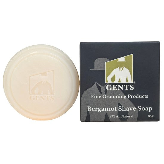 Tea-Shirt Shoppe Gents Bergamot all-natural hard shaving soap puck with branded black packaging box.