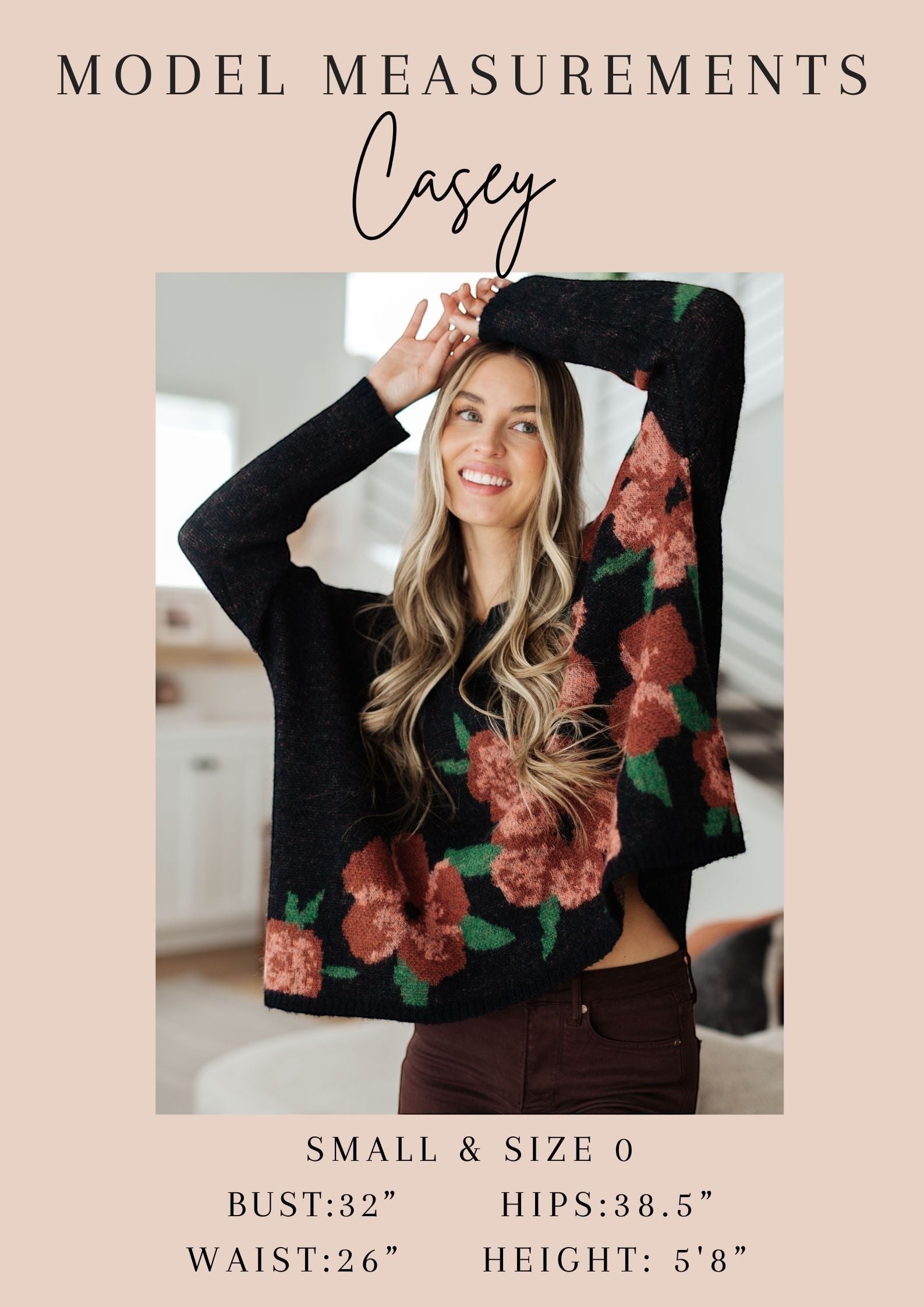 Tea-Shirt Shoppe model Casey wearing a black textured knit sweater with a large red floral pattern and balloon sleeves.