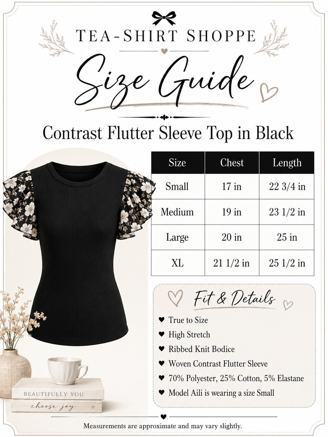Tea-Shirt Shoppe size guide for a black ribbed knit top with floral woven flutter sleeves and contrast trim details.