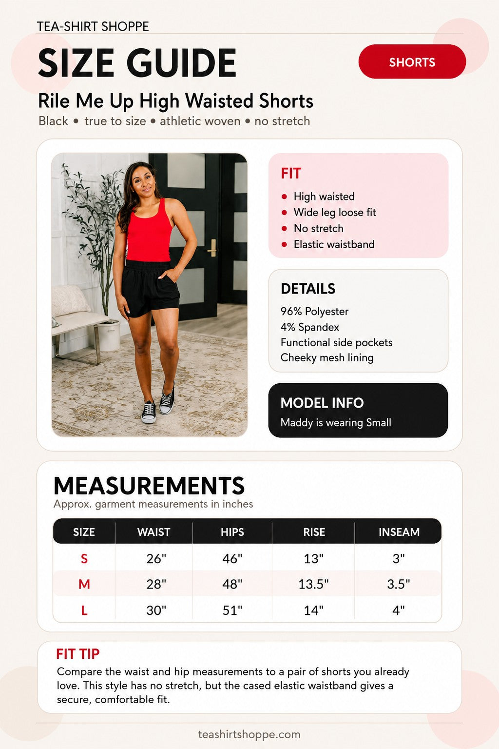 Tea-Shirt Shoppe Rile Me Up high waisted black athletic shorts with wide leg fit, side pockets, and elastic waistband.