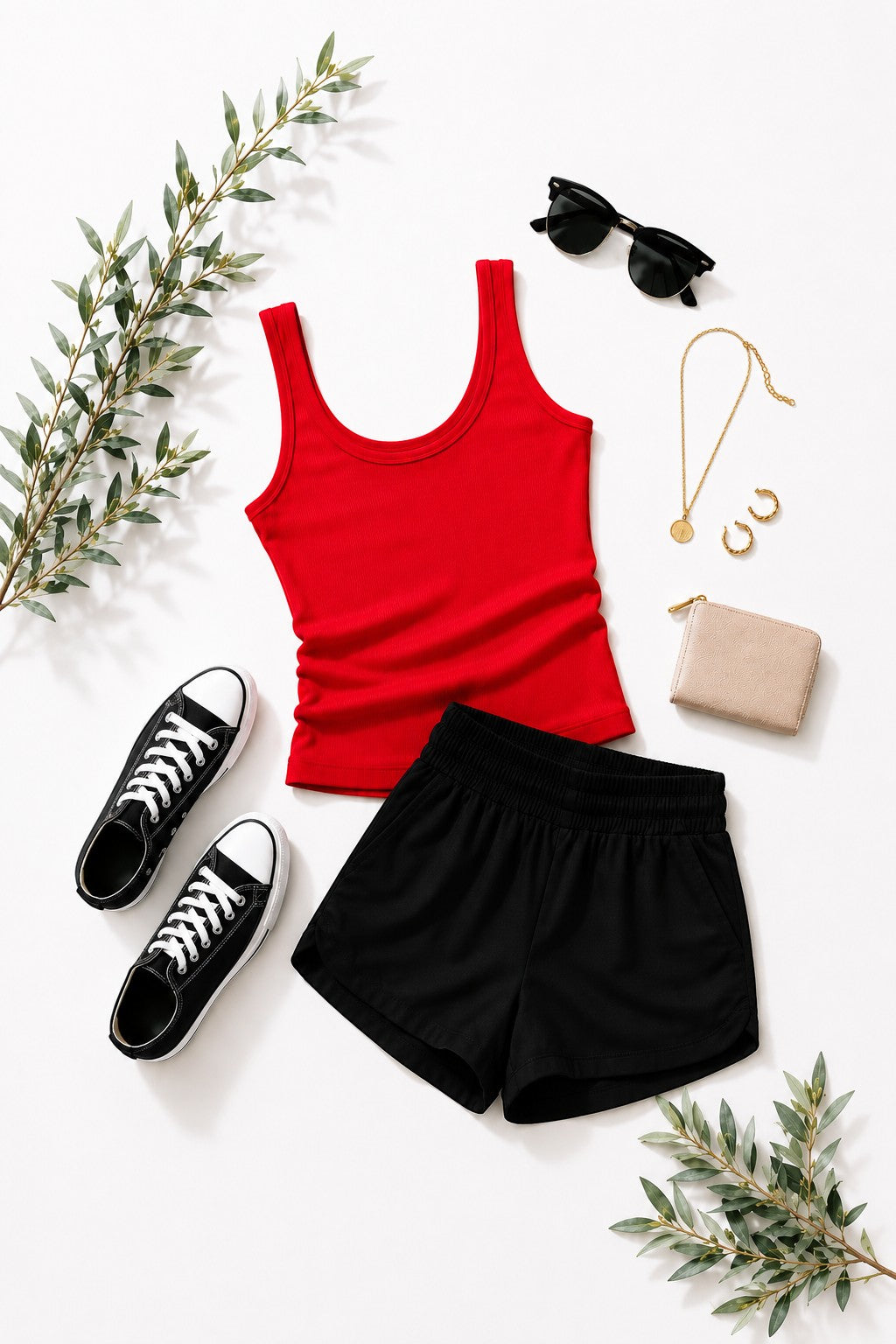 Tea-Shirt Shoppe Rile Me Up black high waisted athletic shorts paired with a red tank top, sneakers, and accessories.