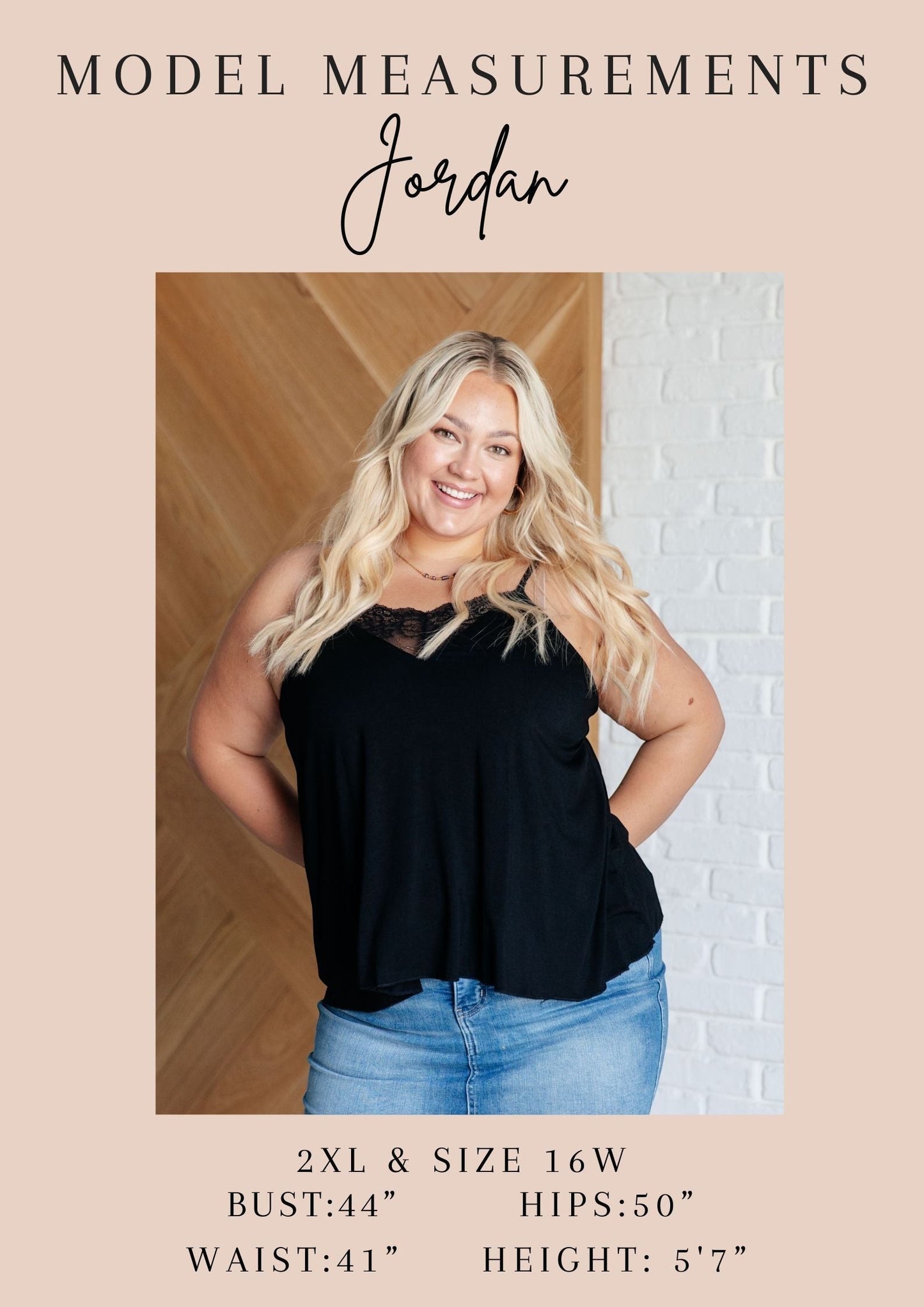 Tea-Shirt Shoppe model Jordan wearing a black camisole with lace trim and blue jeans