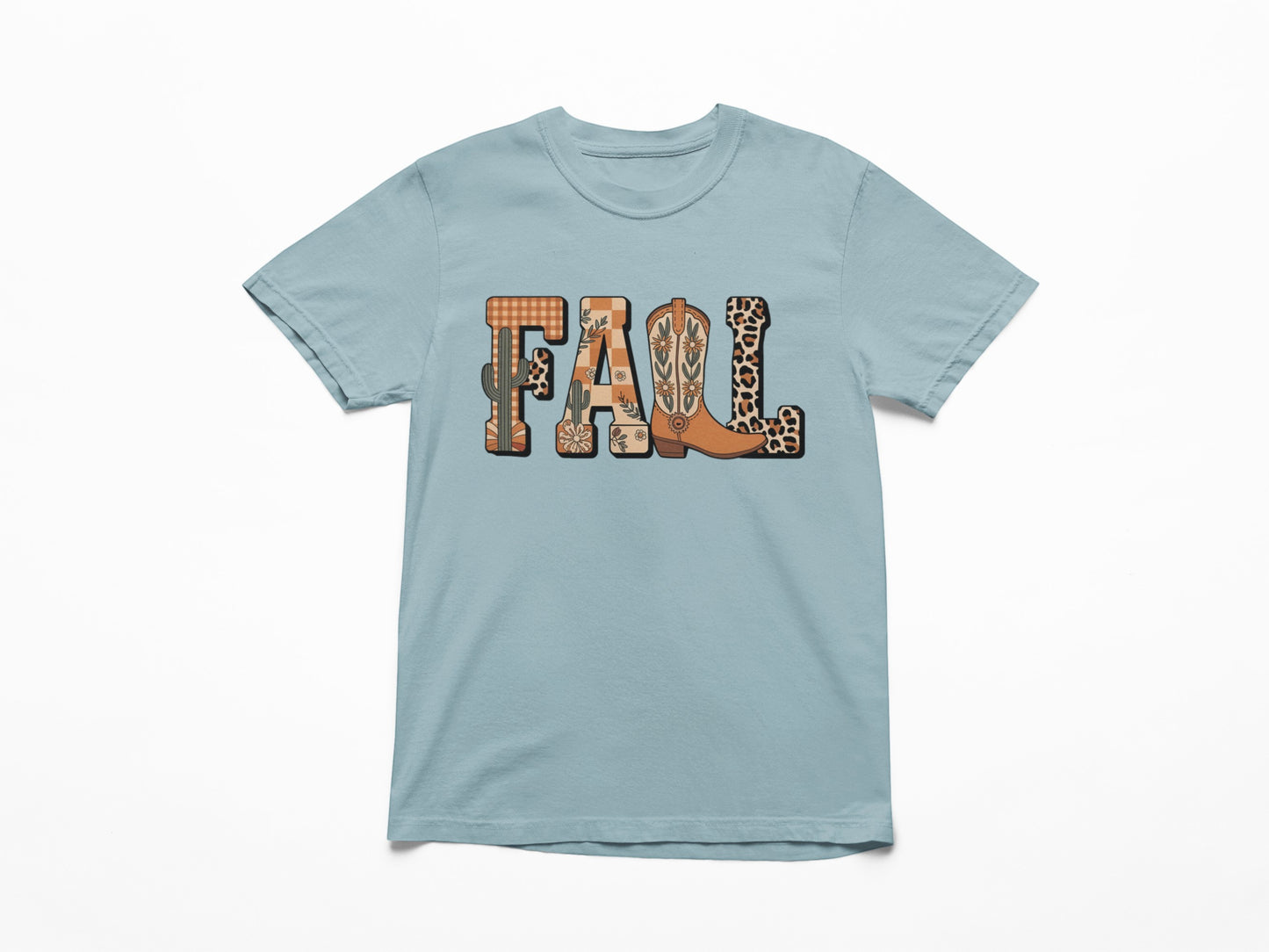 Tea-Shirt Shoppe blue Comfort Colors 1717 t-shirt featuring a western-style FALL graphic with boots and cactus print