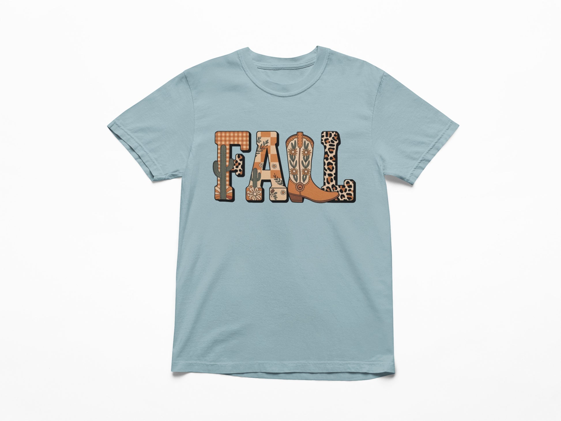Tea-Shirt Shoppe blue Comfort Colors 1717 t-shirt featuring a western-style FALL graphic with boots and cactus print