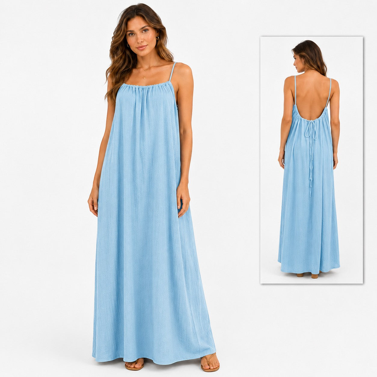 Tea-Shirt Shoppe light blue backless maxi dress with spaghetti straps and adjustable tie back in textured fabric.