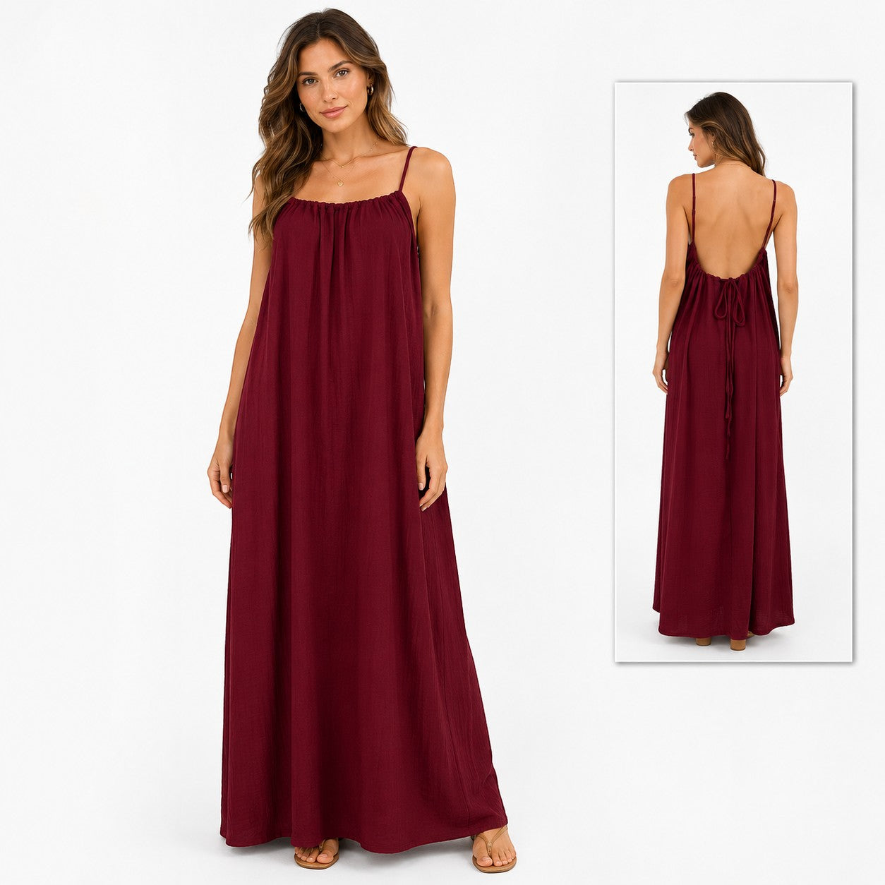 Model wearing a burgundy Tea-Shirt Shoppe boho maxi dress with spaghetti straps and an open back tie detail.