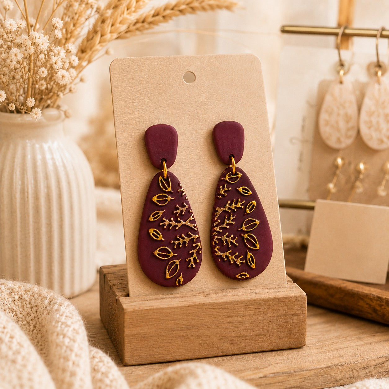Tea-Shirt Shoppe burgundy teardrop dangle earrings with gold botanical leaf details on a display card.