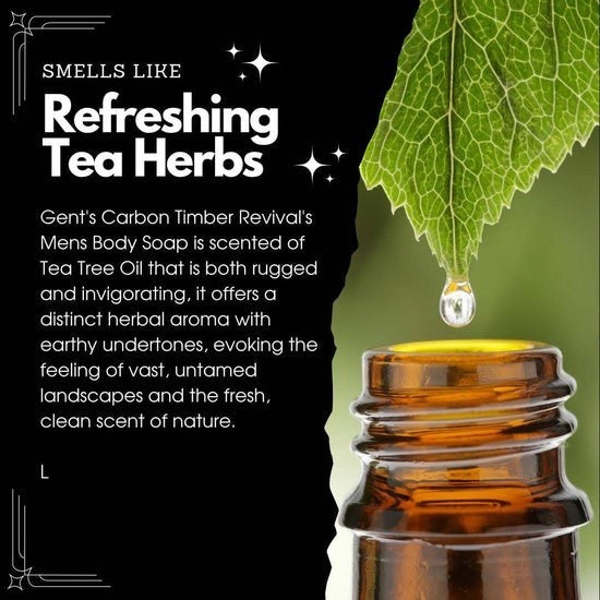 Tea-Shirt Shoppe GENTS Carbo Timber Revival body soap featuring tea tree oil for a rugged, natural herbal scent.