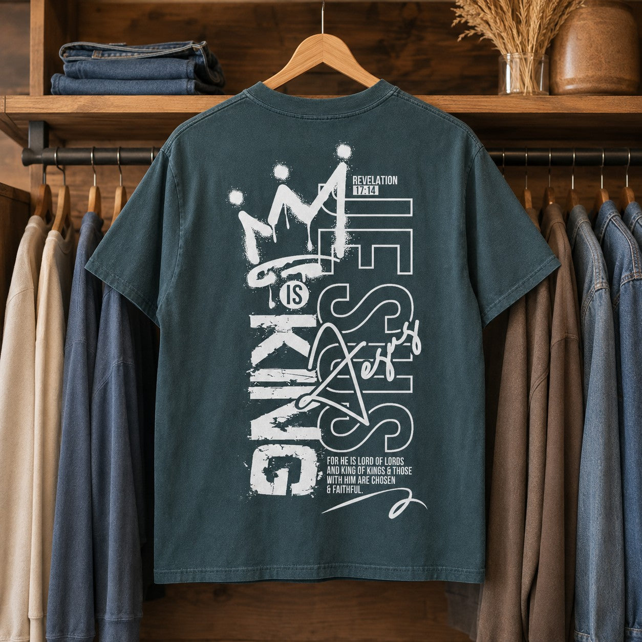 Tea-Shirt Shoppe charcoal grey unisex graphic tee with white Jesus Is King crown print on the back hanging in closet