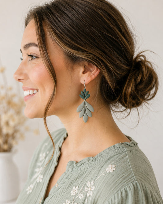 Tea-Shirt Shoppe handcrafted polymer clay dangle earrings in muted green and sage, leaf design.
