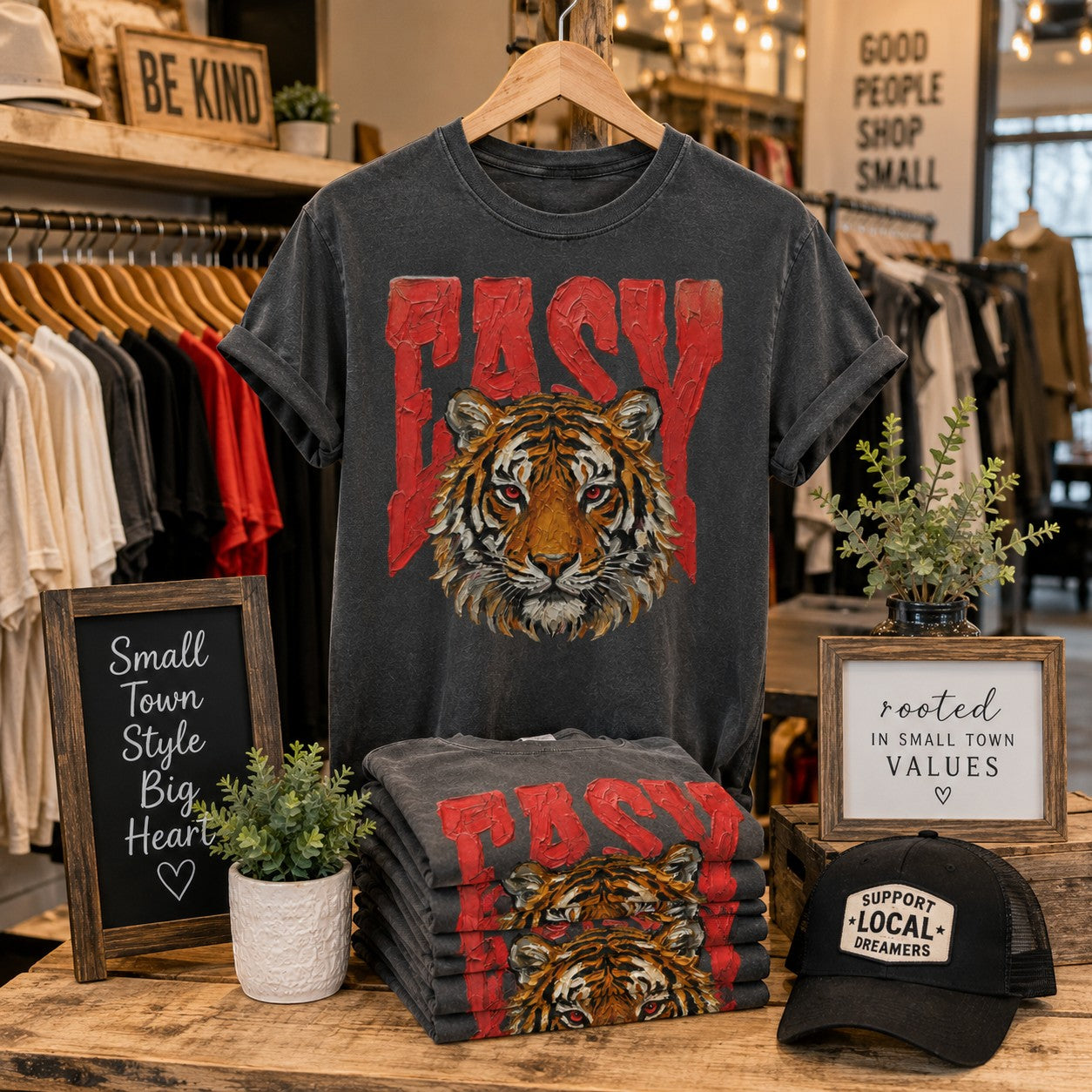 Tea-Shirt Shoppe faded black heavy weight graphic tee featuring a tiger face and red Easy text on a wooden display