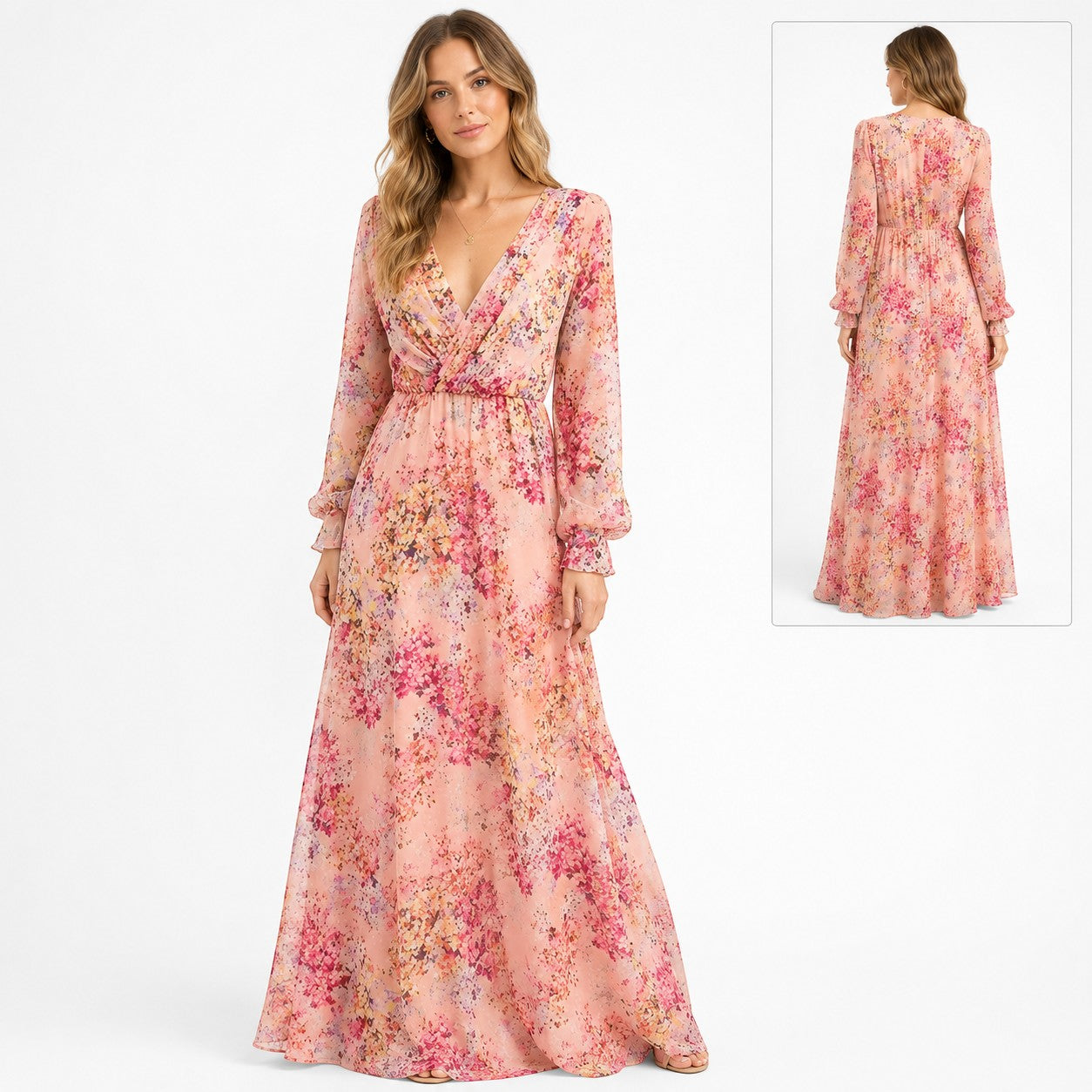 Tea-Shirt Shoppe plus size peach floral maxi dress with long sleeves, V-neck, and elastic waist on a female model.