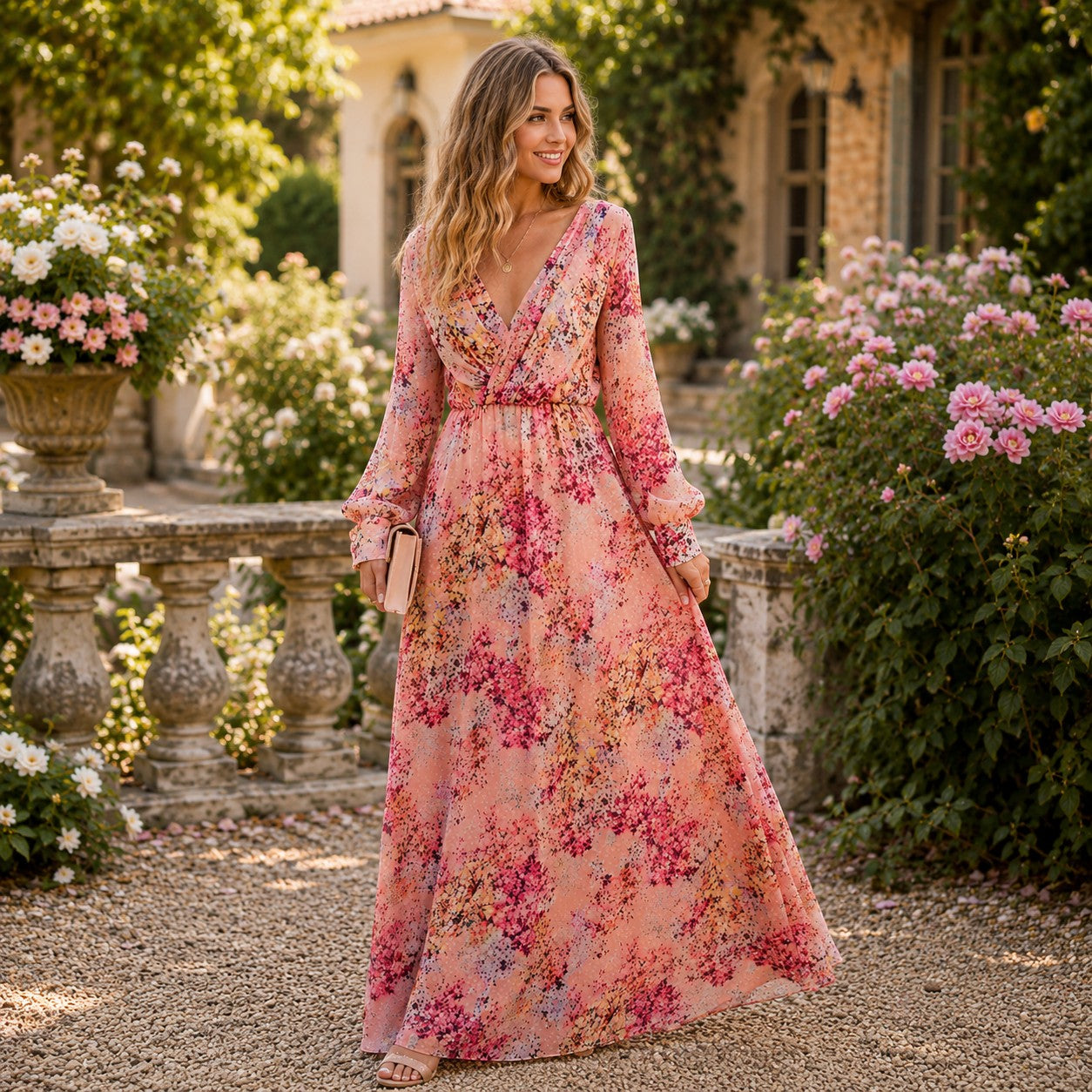 Tea-Shirt Shoppe floral print long sleeve maxi dress with V-neck and elastic waist worn by a woman in a garden.