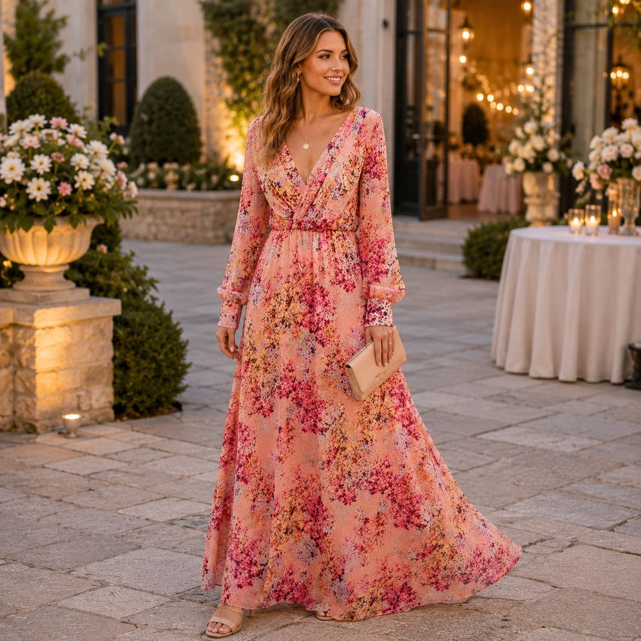 Tea-Shirt Shoppe floral print long sleeve maxi dress in peach with V-neckline, worn by a woman at an outdoor event.