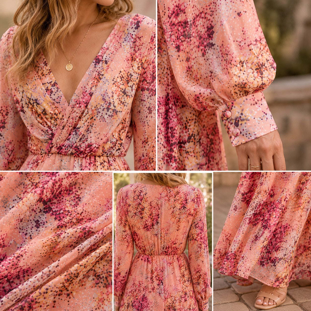 Tea-Shirt Shoppe plus size peach floral maxi dress with V-neck, long billowy sleeves, and elastic waist.