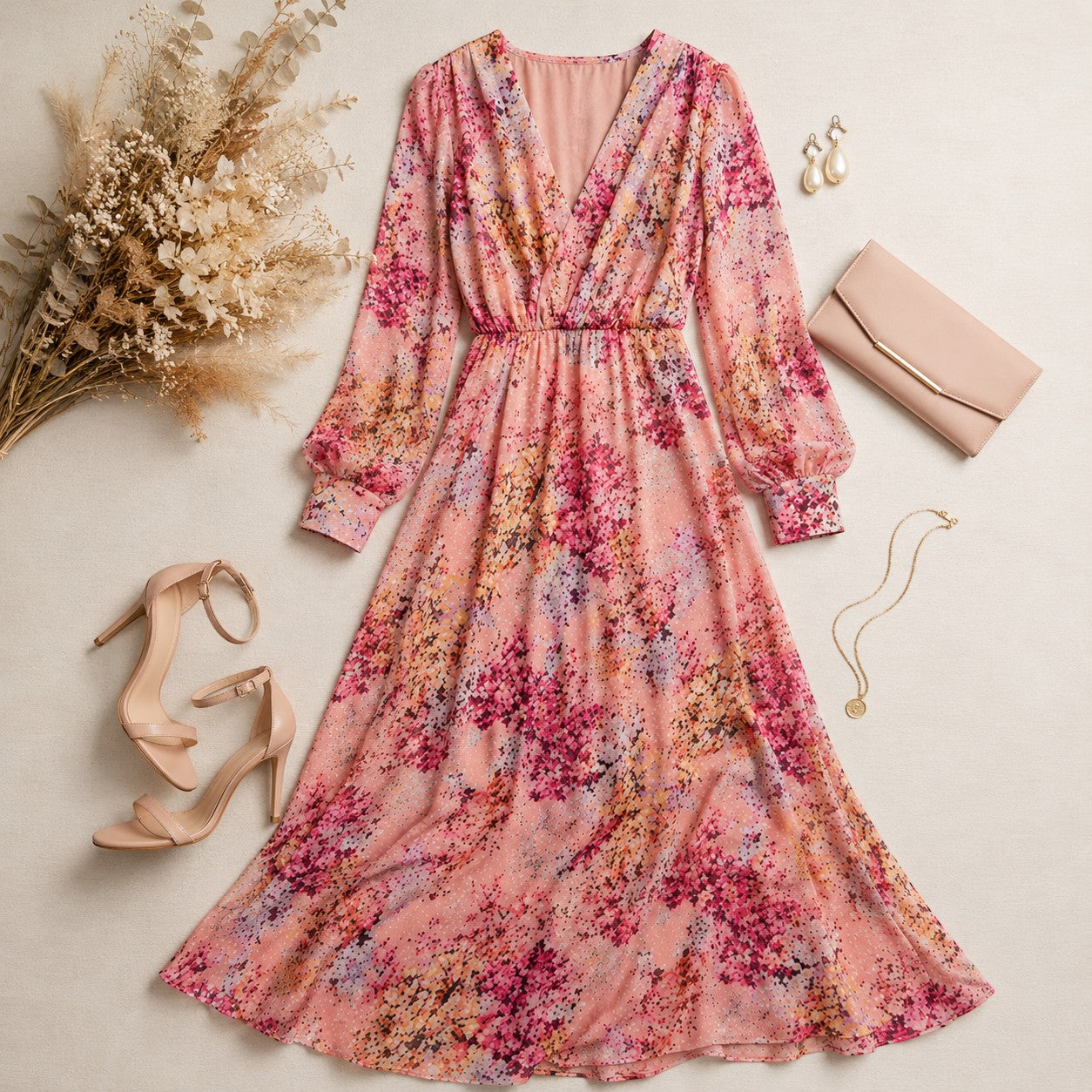 Tea-Shirt Shoppe plus size floral maxi dress with V-neck, long sleeves, and elastic waist, styled with nude heels.