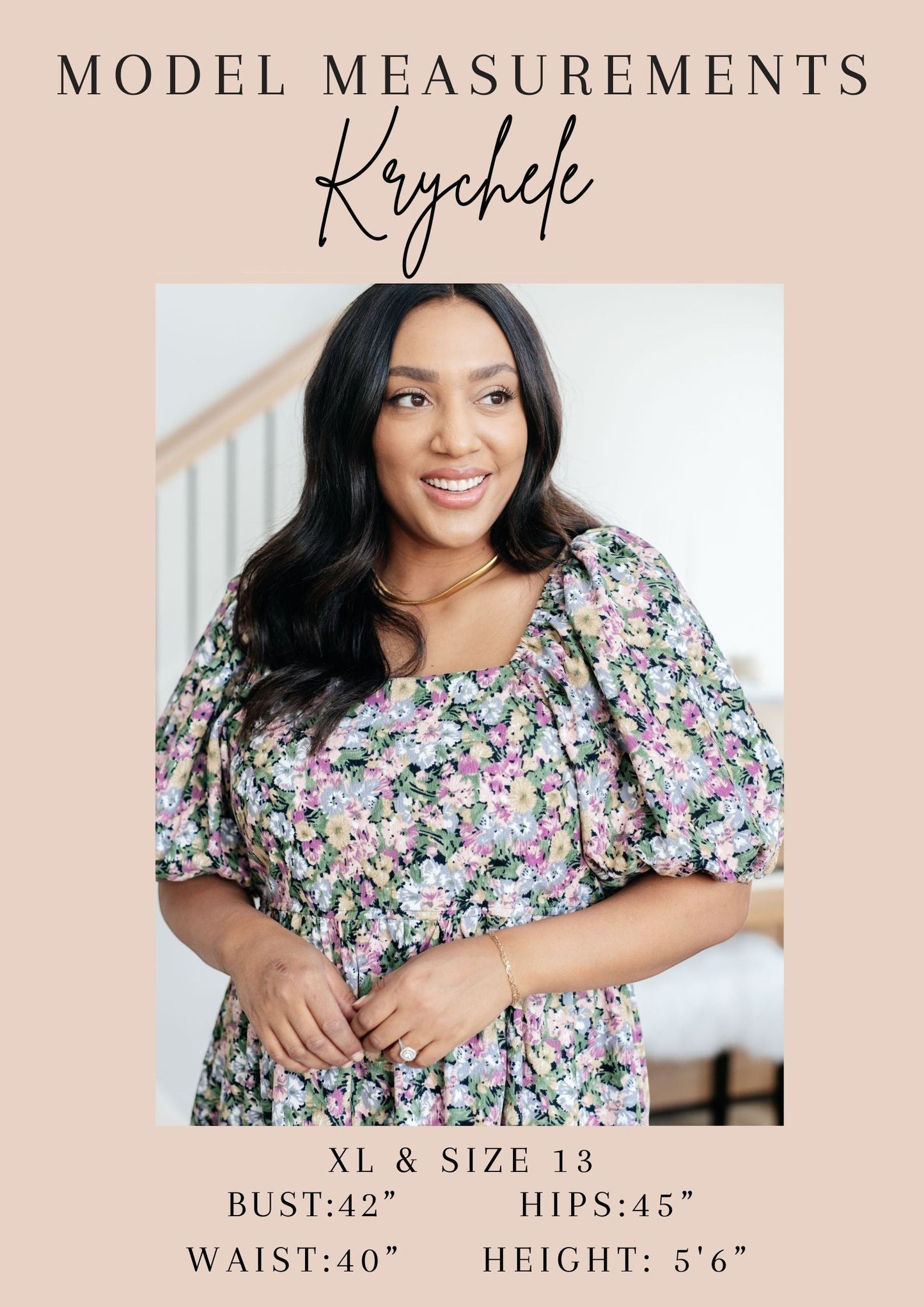 Tea-Shirt Shoppe model Krychele wearing a floral print puff sleeve dress with a square neckline