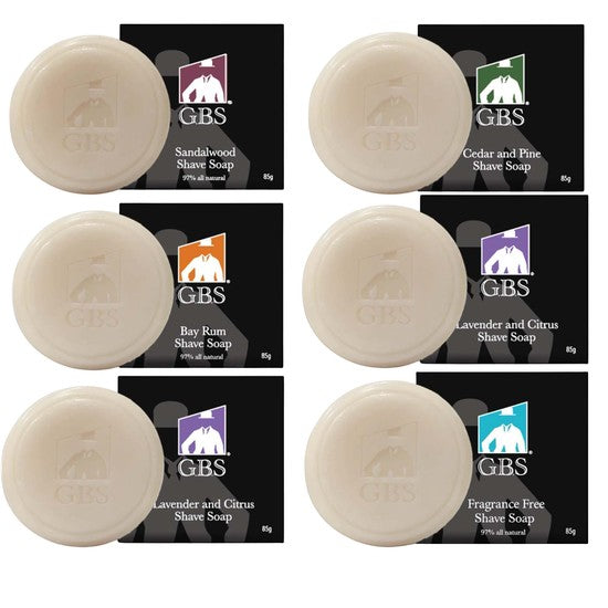 Tea-Shirt Shoppe GBS all-natural hard shaving soaps in Sandalwood, Bay Rum, Cedar & Pine, and Lavender & Citrus scents.