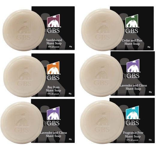 Tea-Shirt Shoppe GBS all-natural hard shaving soaps in Sandalwood, Bay Rum, Cedar & Pine, and Lavender & Citrus scents.