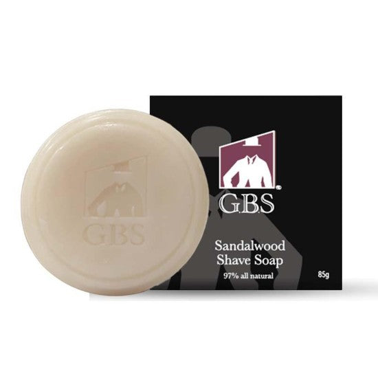 Tea-Shirt Shoppe GBS all-natural sandalwood hard shaving soap puck with branded black packaging