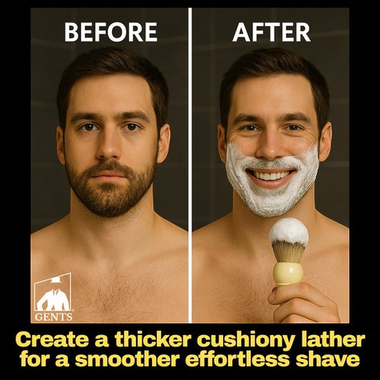 Tea-Shirt Shoppe GBS natural shaving soap before and after comparison showing a man with thick lather and brush
