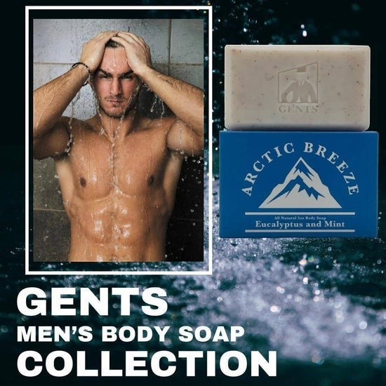 Tea-Shirt Shoppe GENTS Arctic Breeze eucalyptus and mint all-natural body soap bar with a man showering in background