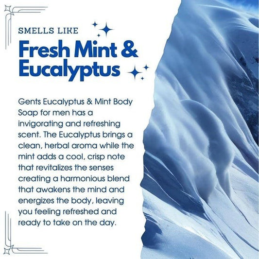 Tea-Shirt Shoppe GENTS Artic Breeze body soap with eucalyptus and mint scent, featuring a snowy mountain graphic.