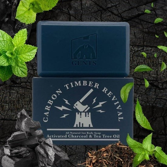 Tea-Shirt Shoppe GENTS Carbon Timber Revival all natural charcoal and tea tree oil body soap bar.
