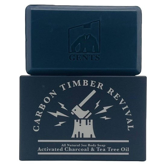 Tea-Shirt Shoppe GENTS Carbon Timber Revival all natural 5 oz body soap with activated charcoal and tea tree oil.