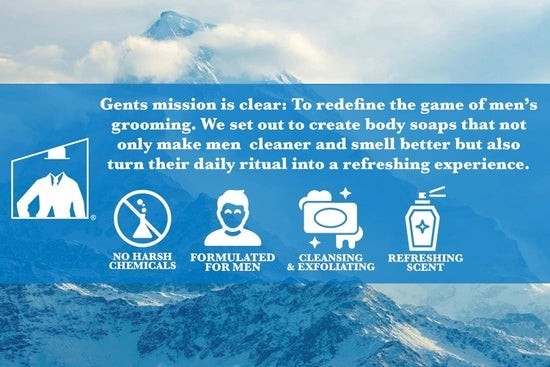 Tea-Shirt Shoppe GENTS all natural exfoliating body soap features for men, highlighting chemical-free ingredients.
