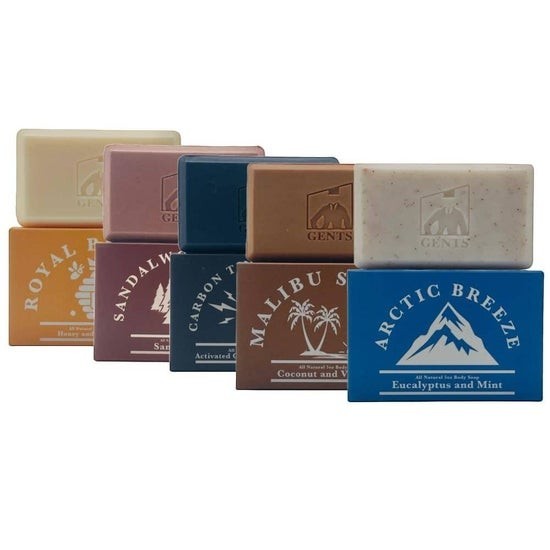 Tea-Shirt Shoppe GENTS all natural 5 oz body soap bars in five assorted scents with shea butter and exfoliation.