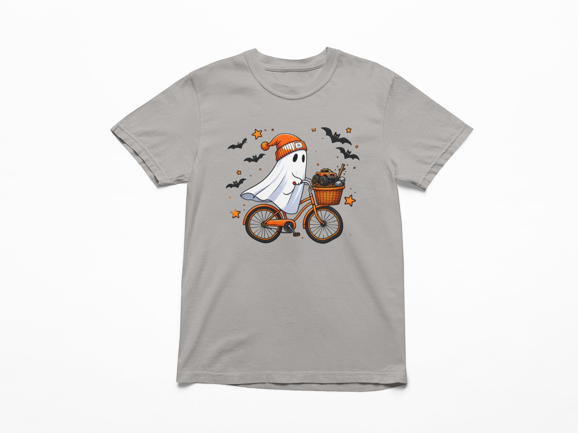 Tea-Shirt Shoppe heather gray youth tee with a ghost in an orange beanie riding a bicycle with toy trucks