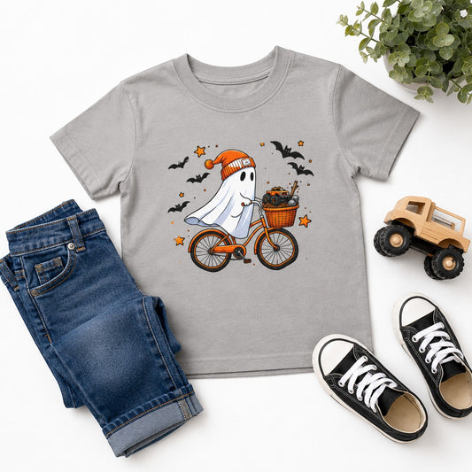 Tea-Shirt Shoppe heather gray youth graphic tee featuring a ghost in an orange beanie riding a bicycle with toy trucks