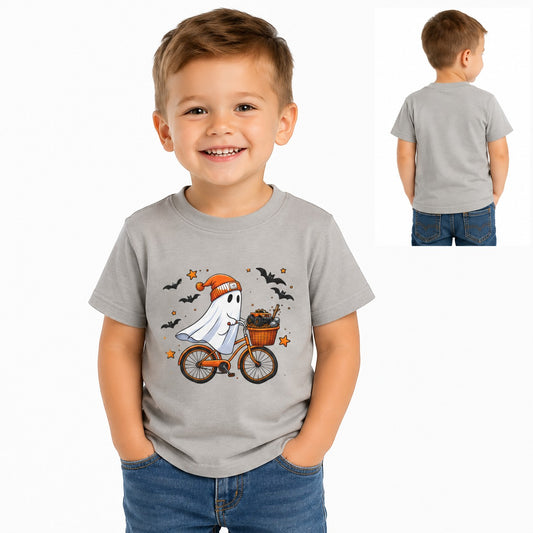Tea-Shirt Shoppe heather gray toddler graphic tee featuring a ghost in an orange beanie riding a bicycle with trucks.