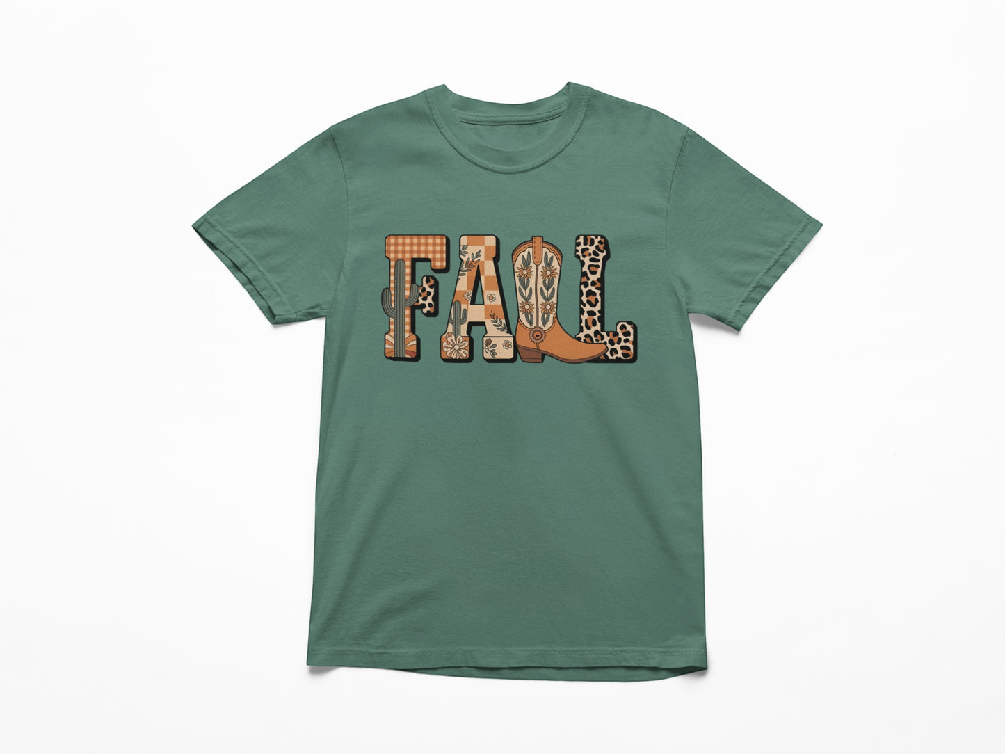 Tea-Shirt Shoppe Comfort Colors 1717 green graphic t-shirt featuring a fall-themed design with cowboy boots