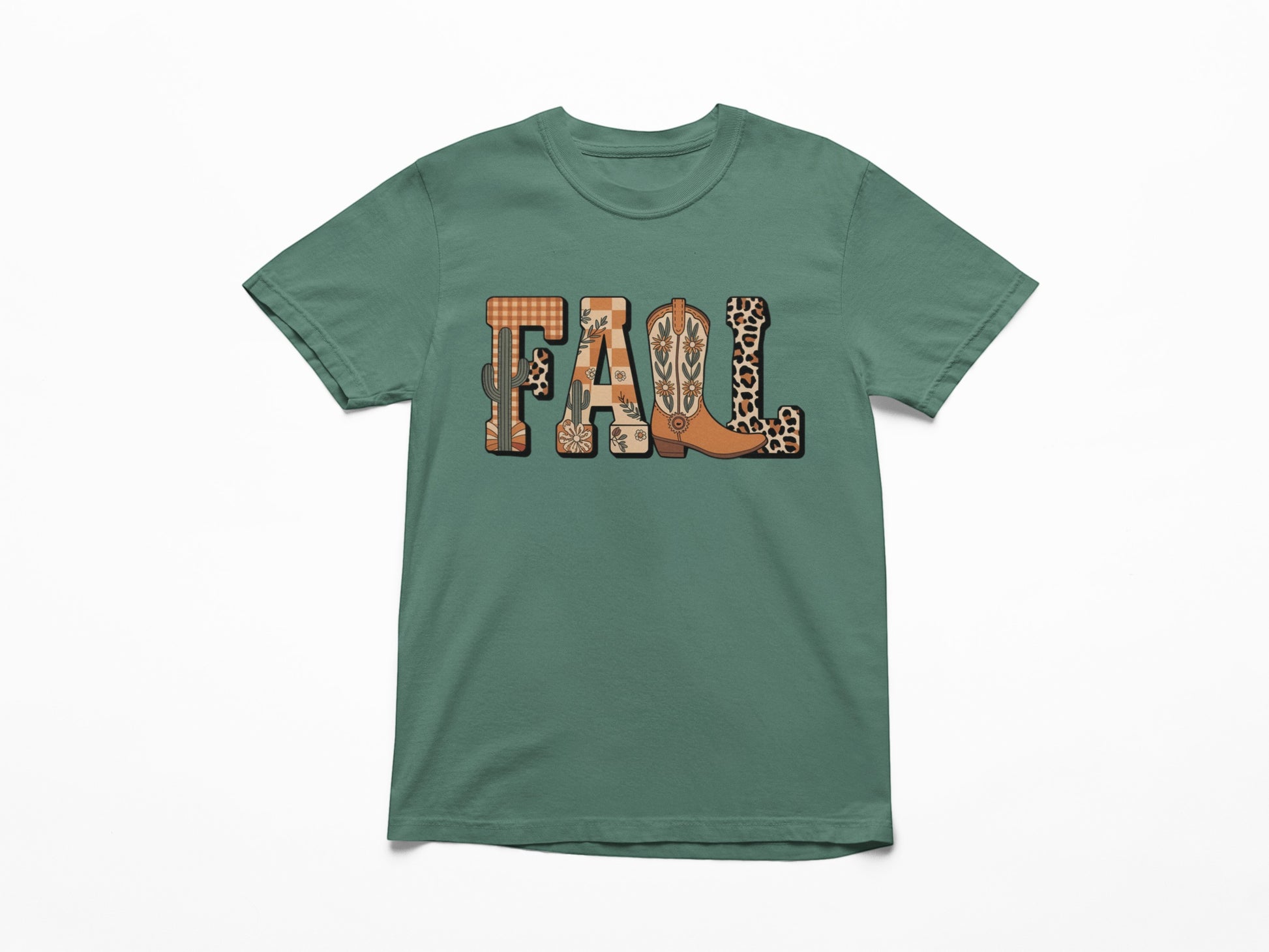 Tea-Shirt Shoppe Comfort Colors 1717 green graphic t-shirt featuring a fall-themed design with cowboy boots