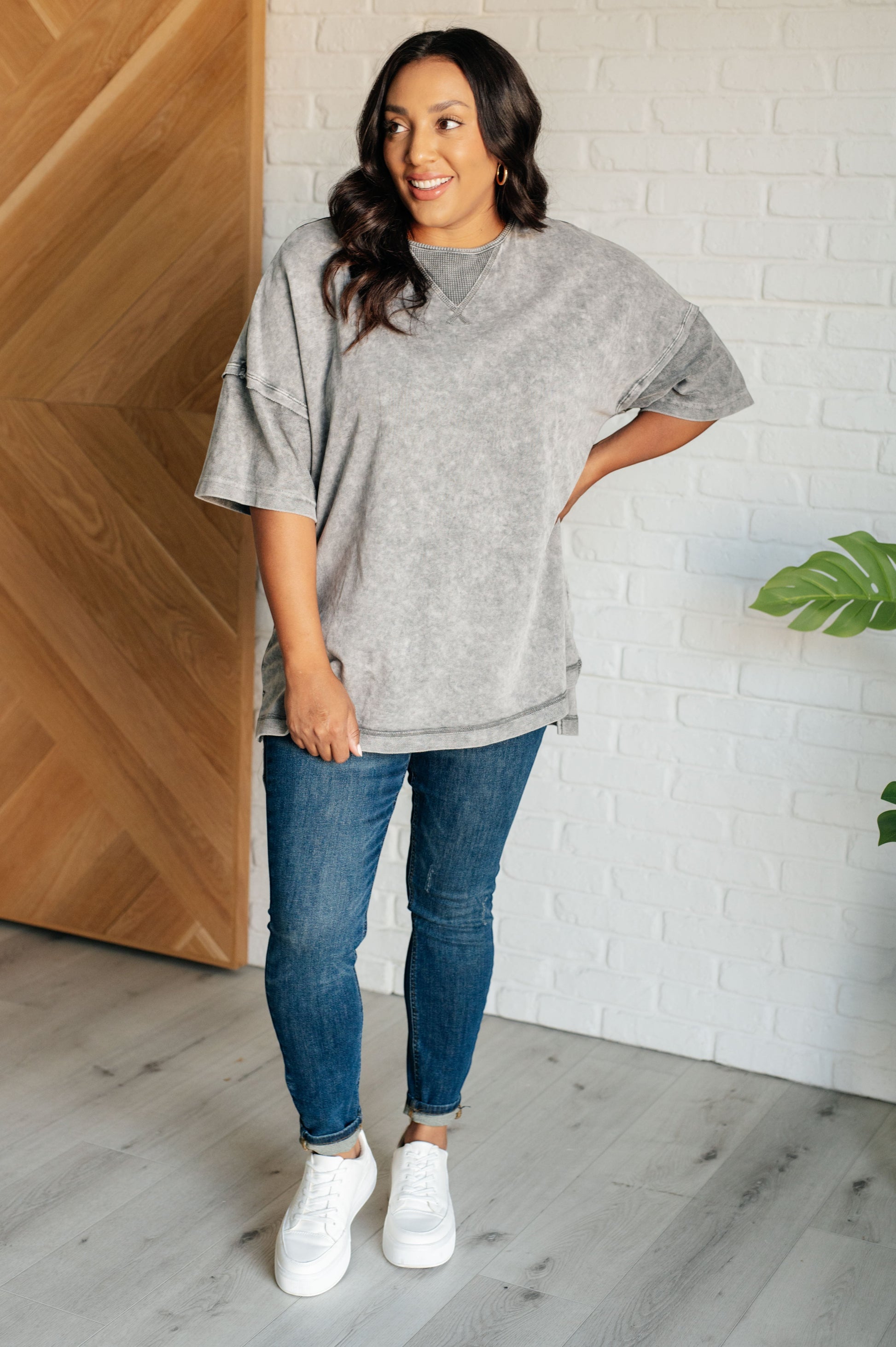 Tea-Shirt Shoppe grey mineral wash French terry and waffle knit top with drop shoulders and raw edge details